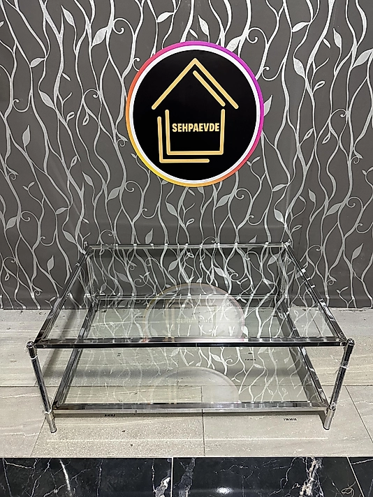 PARLAK KROM DİKDÖRTGEN BLOK ORTA SEHPA ŞEFFAF CAM