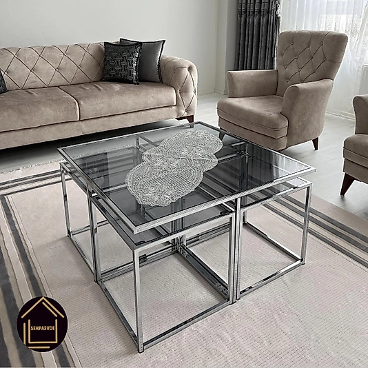 PARLAK KROM KARE 4+1 PİZZA ORTA SEHPA FÜME CAM