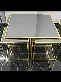 PARLAK GOLD KARE 4+1 PİZZA ORTA SEHPA KOMPLE FÜME AYNA