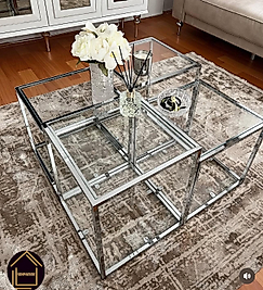 PARLAK KROM PRAMİD ORTA SEHPA KOMPLE ŞEFFAF CAM