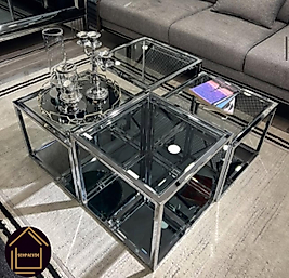 PARLAK KROM PRAMİD ORTA SEHPA ÜST FÜME CAM ALT FÜME AYNA