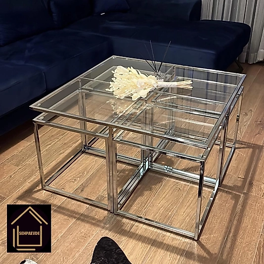 PARLAK KROM KARE 4+1 PİZZA ORTA SEHPA KOMPLE ŞEFAF CAM