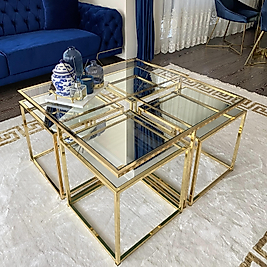 PARLAK GOLD KARE 4+1 PİZZA ORTA SEHPA ÜST ŞEFAF CAM ALT KLASİK AYNA