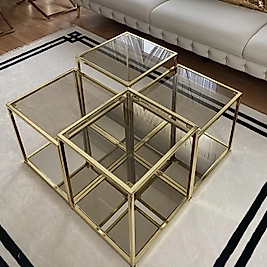 PARLAK GOLD PRAMİD ORTA SEHPA ÜST BRONZ CAM ALT BRONZ AYNA