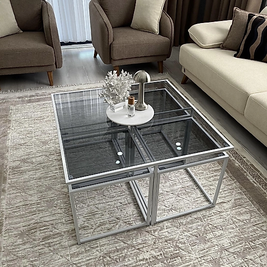 BEYAZ KARE 4+1 PİZZA ORTA SEHPA KOMPLE FÜME CAM