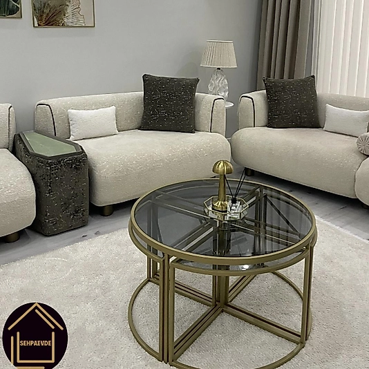 MAT GOLD YUVARLAK 4+1 PİZZA ORTA SEHPA KOMPLE FÜME CAM