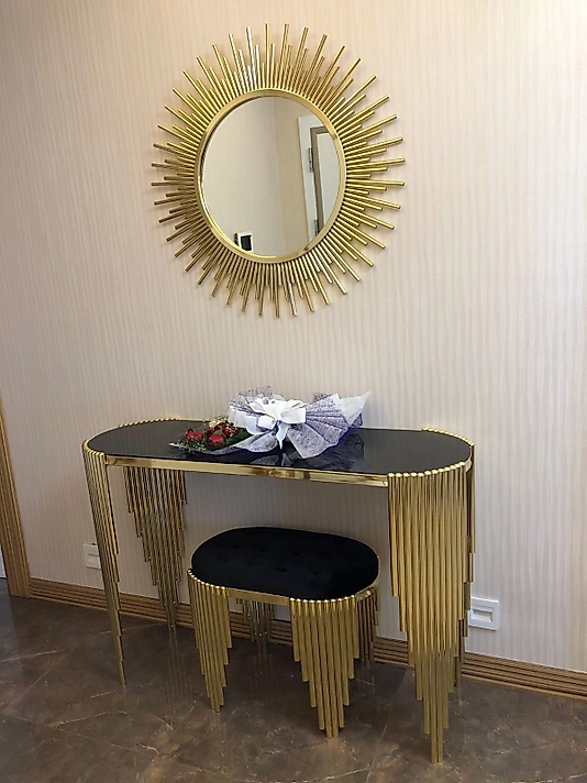 PARLAK GOLD PİYANO DRESUAR VE AYNA SETİ