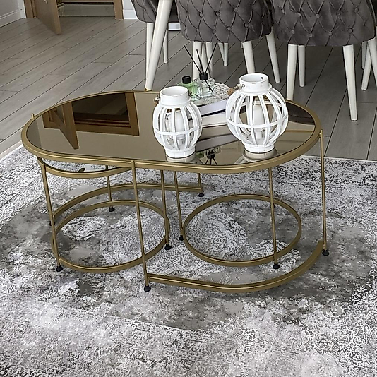 MAT GOLD ELİPS 2+1 ORTA SEHPA ÜST BRONZ AYNA ALT ŞEFAF CAM