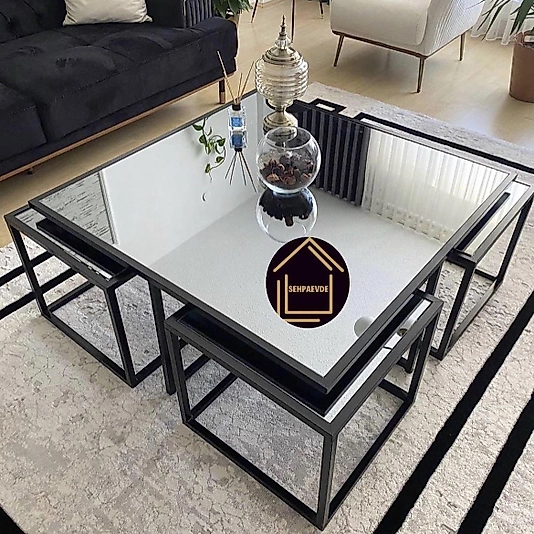 SİYAH KARE 4+1 PİZZA ORTA SEHPA KOMPLE KLASİK AYNA