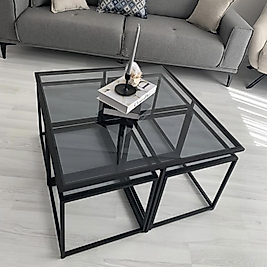 SİYAH KARE 4+1 PİZZA ORTA SEHPA KOMPLE FÜME CAM