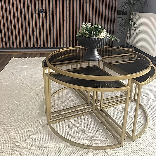 MAT GOLD YUVARLAK 4+1 PİZZA ORTA SEHPA ÜST BRONZ CAM ALT BRONZ AYNA