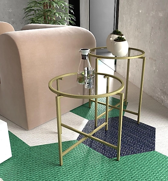 MAT GOLD YUVARLAK 2 Lİ YAN SEHPA ŞEFFAF CAM