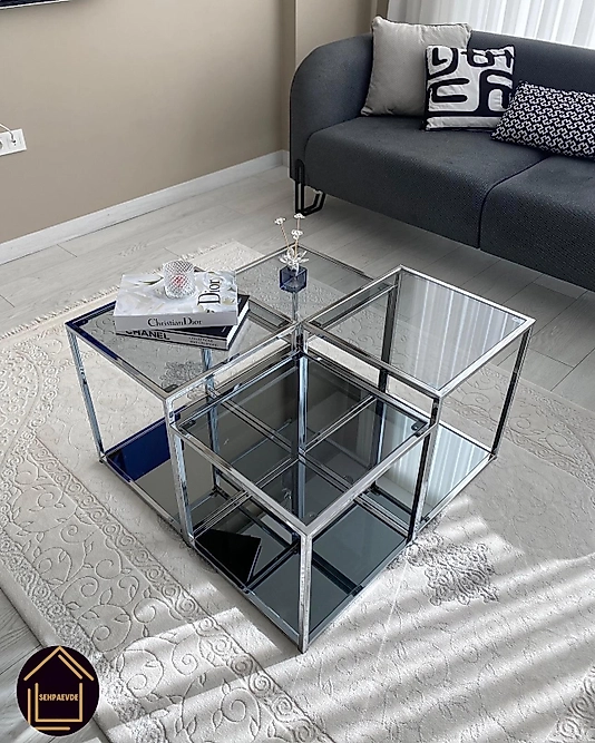 PARLAK KROM PRAMİD ORTA SEHPA ÜST FÜME CAM ALT FÜME AYNA