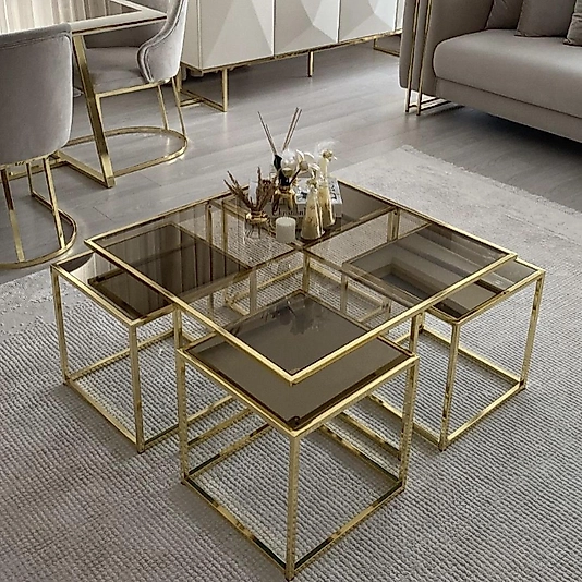 PARLAK GOLD KARE 4+1 PİZZA ORTA SEHPA ÜST BRONZ CAM ALT BRONZ AYNA