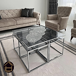 PARLAK KROM KARE 4+1 PİZZA ORTA SEHPA FÜME CAM