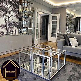 MAT GRİ PRAMİD ORTA SEHPA ÜST ŞEFAF CAM ALT KLASİK AYNA