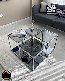 PARLAK KROM PRAMİD ORTA SEHPA ÜST FÜME CAM ALT FÜME AYNA