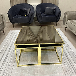 PARLAK GOLD KARE 4+1 PİZZA ORTA SEHPA KOMPLE BRONZ AYNA