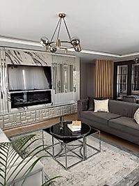 PARLAK KROM YUVARLAK 4+1 PİZZA ORTA SEHPA KOMPLE SİYAH AYNA