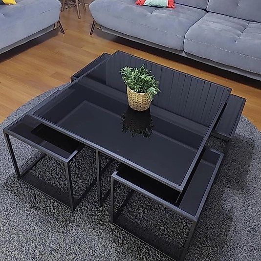 SİYAH KARE 4+1 PİZZA ORTA SEHPA  KOMPLE SİYAH AYNA