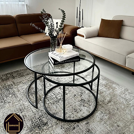 SİYAH YAVRULU ORTA SEHPA ŞEFAF CAM