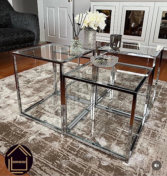 PARLAK KROM PRAMİD ORTA SEHPA KOMPLE ŞEFFAF CAM