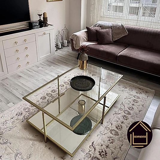 MAT GOLD DİKDÖRTGEN ORTA SEHPA ÜST ŞEFAF CAM ALT KLASİK AYNA