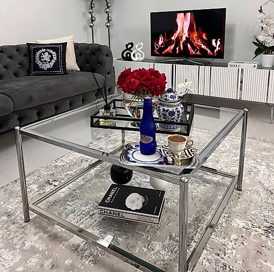 PARLAK KROM KARE BLOK ORTA SEHPA ŞEFAF CAM