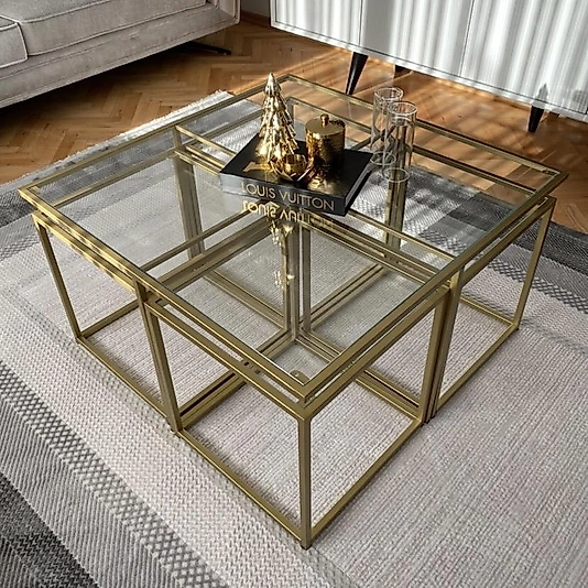 MAT GOLD KARE 4+1 PİZZA ORTA SEHPA KOMPLE ŞEFAF CAM