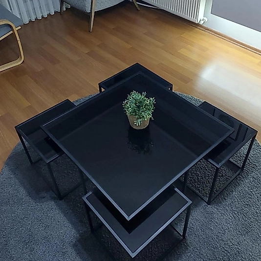 SİYAH KARE 4+1 PİZZA ORTA SEHPA  KOMPLE SİYAH AYNA