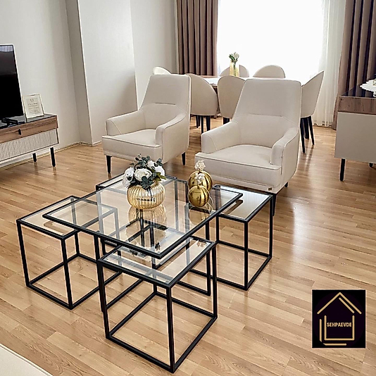 SİYAH KARE 4+1 PİZZA ORTA SEHPA KOMPLE ŞEFAF CAM