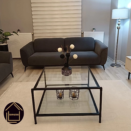 SİYAH BLOK KARE ORTA SEHPA KOMPLE ŞEFAF CAM