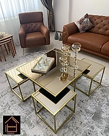 MAT GOLD KARE 4+1 PİZZA ORTA SEHPA KOMPLE BRONZ AYNA