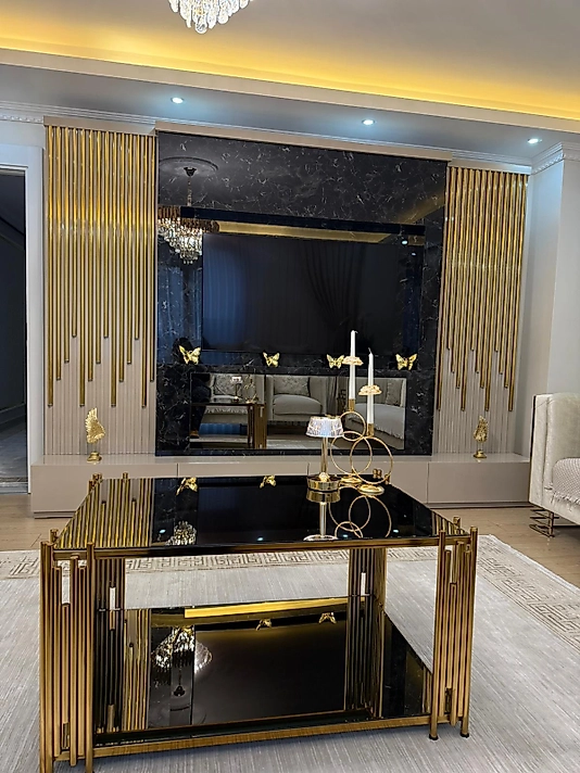 PARLAK GOLD PİYANO ORTA SEHPA KOMPLE BRONZ AYNA