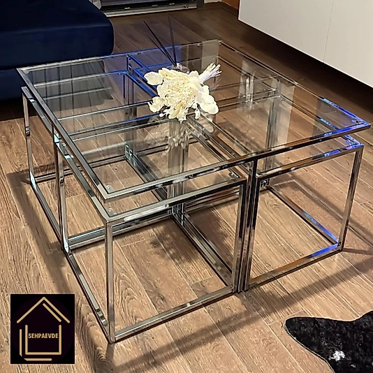 PARLAK KROM KARE 4+1 PİZZA ORTA SEHPA KOMPLE ŞEFAF CAM