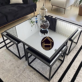 SİYAH KARE 4+1 PİZZA ORTA SEHPA KOMPLE KLASİK AYNA