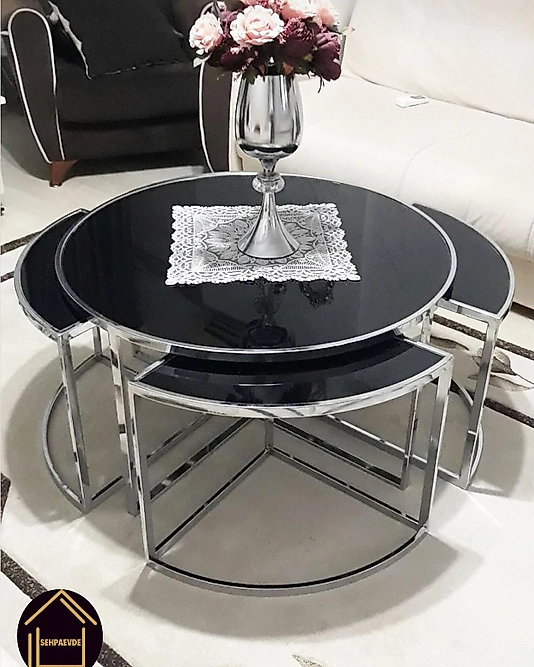 PARLAK KROM YUVARLAK 4+1 PİZZA ORTA SEHPA KOMPLE SİYAH AYNA