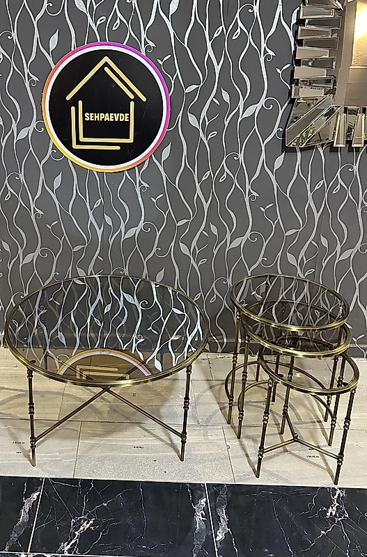 YUVARLAK ESKİTME KAPLAMA TORNALI SET BRONZ CAM ZİGON VE ORTA SEHPA
