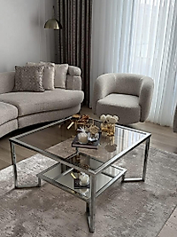 PARLAK KROM ÇİFT KAT ORTA SEHPA ÜST ŞEFFAF CAM ALT KLASİK AYNA