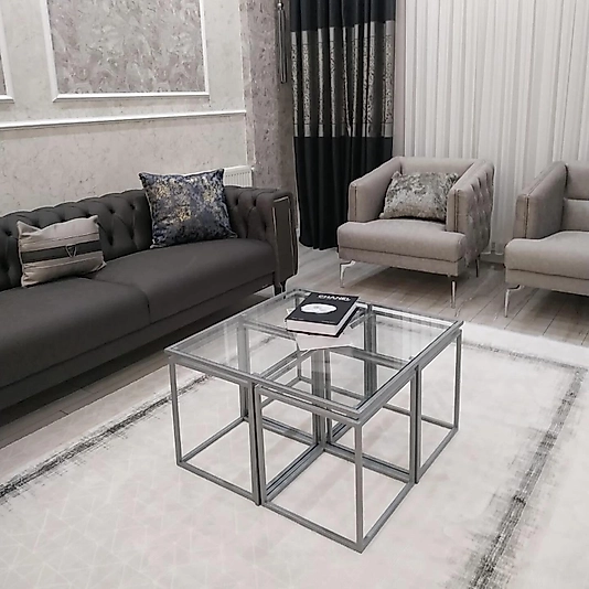 MAT GRİ KARE 4+1 PİZZA ORTA SEHPA KOMPLE ŞEFAF CAM