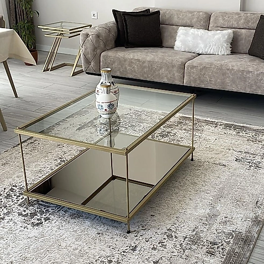 MAT GOLD MİL ORTA SEHPA ÜST ŞEFAF CAM ALT BRONZ AYNA