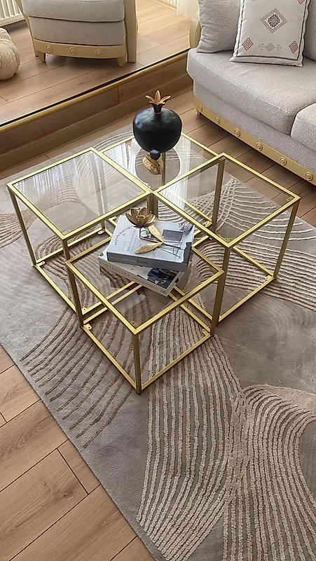 MAT GOLD PRAMİD ORTA SEHPA KOMPLE ŞEFFAF CAM