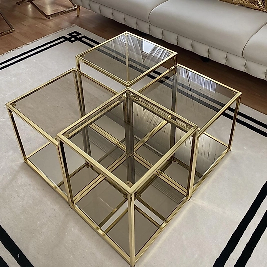 PARLAK GOLD PRAMİD ORTA SEHPA ÜST BRONZ CAM ALT BRONZ AYNA