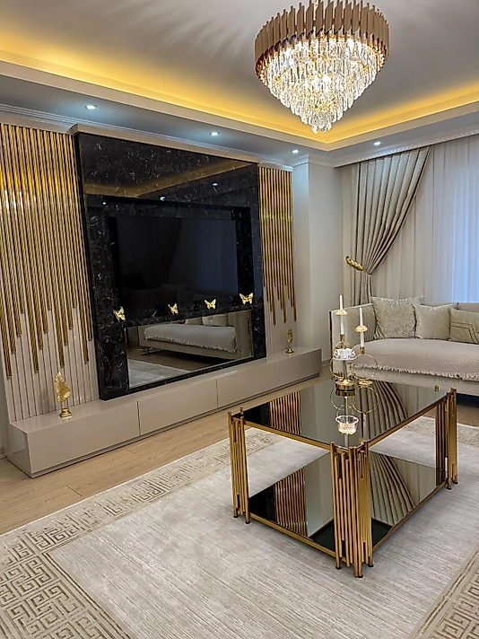 PARLAK GOLD PİYANO ORTA SEHPA KOMPLE BRONZ AYNA