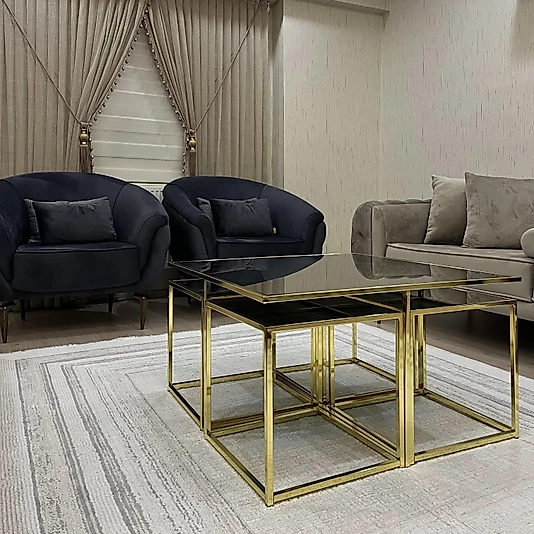 PARLAK GOLD KARE 4+1 PİZZA ORTA SEHPA KOMPLE BRONZ AYNA