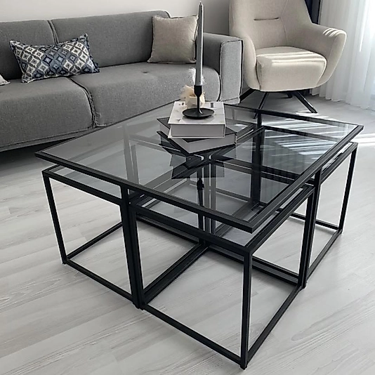 SİYAH KARE 4+1 PİZZA ORTA SEHPA KOMPLE FÜME CAM