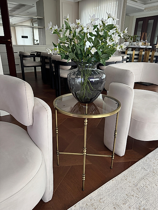 ESKİTME KAPLAMA TORNALI YUVARLAK YAN SEHPA ŞEFFAF CAM