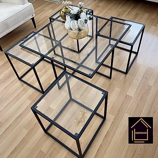 SİYAH KARE 4+1 PİZZA ORTA SEHPA KOMPLE ŞEFAF CAM