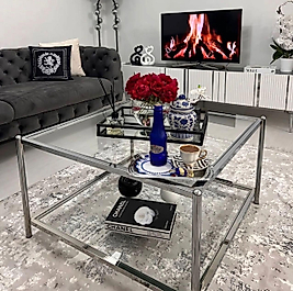 PARLAK KROM KARE BLOK ORTA SEHPA ŞEFAF CAM