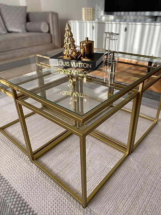 MAT GOLD KARE 4+1 PİZZA ORTA SEHPA KOMPLE ŞEFAF CAM